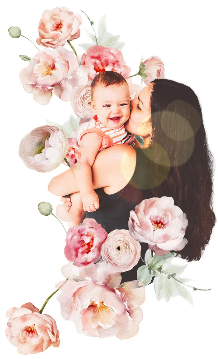 A woman holds a smiling baby, surrounded by watercolor-style Mother's Day flowers on a white background.