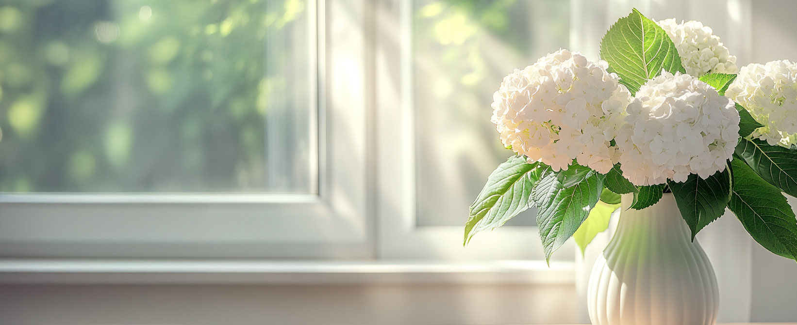 A white vase holding a bouquet of white hydrangeas is placed on a surface near a sunlit window.